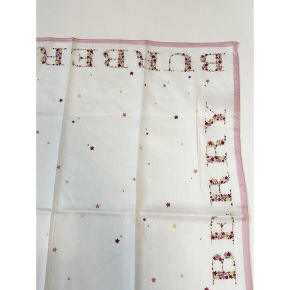 Burberry Scarf White w/ Pink Floral Pattern & Large Monogram Logo Flowers - Picture 4 of 9
